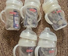 Five Brand New NUBY  Natural Touch 3 Stage Wide Neck Transitioning Bottle to Cup (240ml ) +  Soother  SAMPLE  PACK