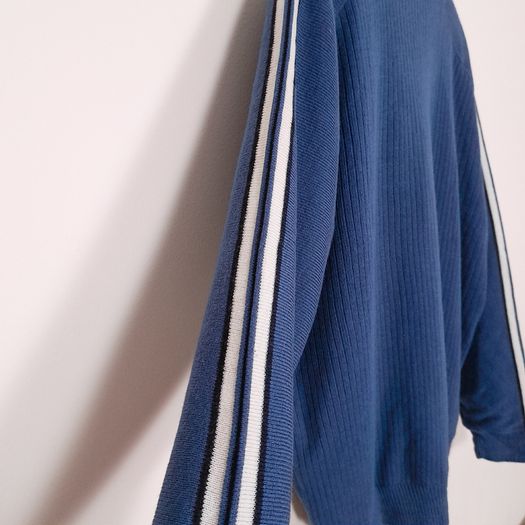 Crane Sports Blue Quarter Zip Ribbed Pullover Golf Sweater Racing Stripes Size L
