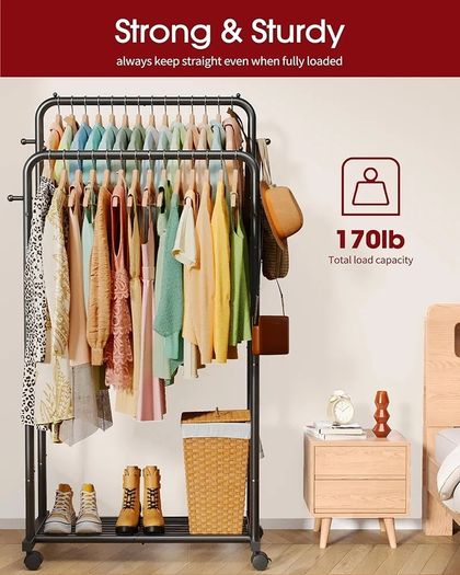 Clothes Rail - Double-Rod Rustproof Clothes Rack with Anti-Slip Stoppers, Shoes Shelf and Hooks, Multifunctional Hanging Rack for Laundry, Entryway, Bedroom, Shop, 73 x 42 x 150 cm, Black