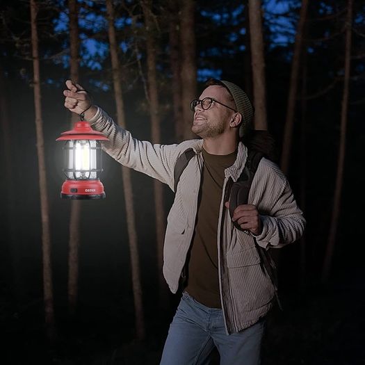 Portable Retro Camping Lantern, Hanging Dimmable COB Brightness Tent Light for Camping, Party, Night Fishing, Hiking, Home Lighting, Outages Emergency (AA Battery Powered, Red)