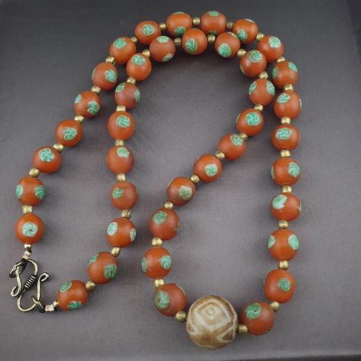 Vintage Venetian Style Orange Floral Glass With pumtek pyu Pendant Necklace