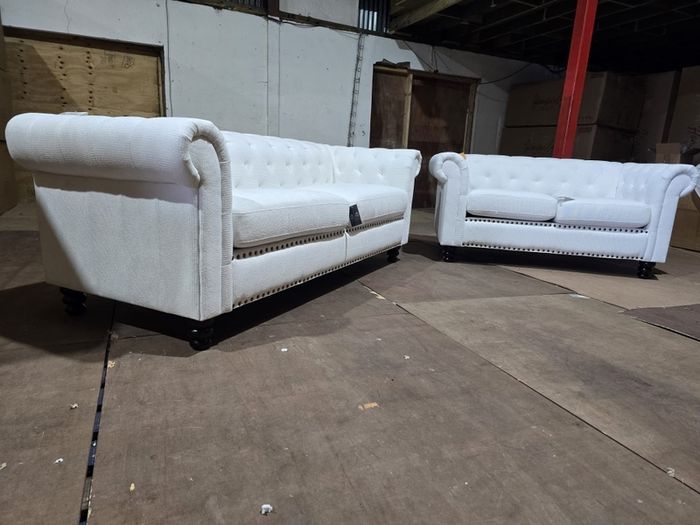 Hampton White 3+2 Chesterfield Fabric Sofa Set