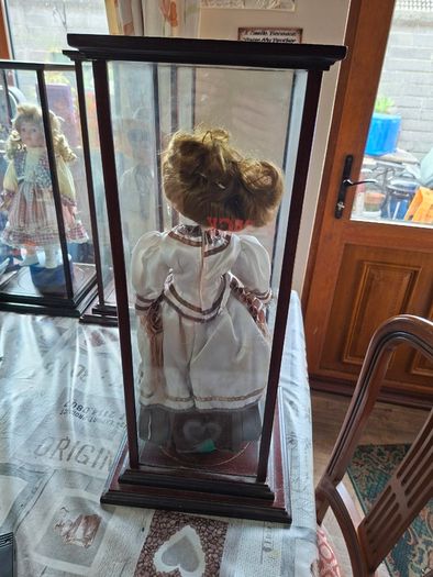Collector's Porcelain Doll, In A very Large Mahogany Display Case, PRICE IS FOR 1 ONLY these came from a Pub contents,