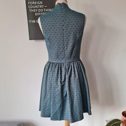 Topshop Boutique vintage retro peacock blue antique gold fit and flare mini dress formal S M 10