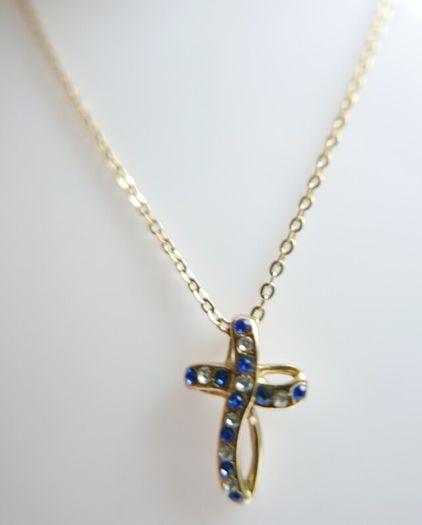 Vintage Gold Plated and Blue Austrian Crystal Cross Necklace length 16"