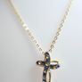 Vintage Gold Plated and Blue Austrian Crystal Cross Necklace length 16" Image 6