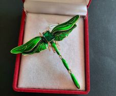 Green Crystal & Enamel Dragonfly Brooch Shawl Pin Badge Insect Fly Bug Vintage Styl