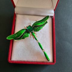 Green Crystal & Enamel Dragonfly Brooch Shawl Pin Badge Insect Fly Bug Vintage Styl