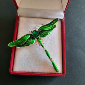 Green Crystal & Enamel Dragonfly Brooch Shawl Pin Badge Insect Fly Bug Vintage Styl
