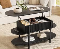 Coffee Table, Fluted Wood Center Table with Hidden Storage