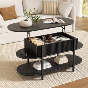 Coffee Table, Fluted Wood Center Table with Hidden Storage