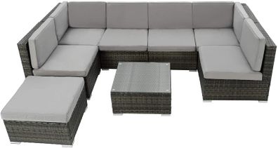 800762 XXL poly rattan seating group Venice, 6 seats 1 table 1 stool with stainless steel screws, extra thick seat cushions - various colors - (grey | No. 402698