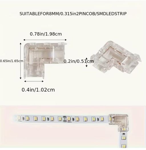 20pcs LED Connector Set, 2Pin L-Shaped Solderless Transparent LED Strip Connectors, 8mm Light Bar L-Clips, No Dark Area
