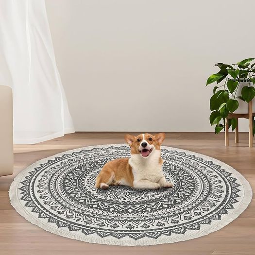 MULTIPLE SIZES AVAILABLE Round Cotton Area Rugs 120cm Hand Woven Tassels Carpet Chic Bohemian Pattern Floor Mats Boho Carpet for Bedroom Living Room Sofa Coffee Table Swing Chair Bed Side, Grey Black