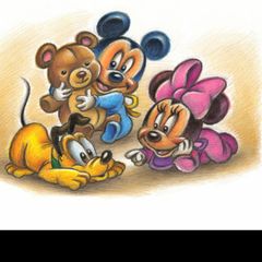 Original Drawing baby Pluto Mickey Minnie