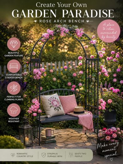 Rose Arch with Bench, Heavy-Duty Metal 2-Seater Decorative Garden Bench Trellis  Anthracite Grey