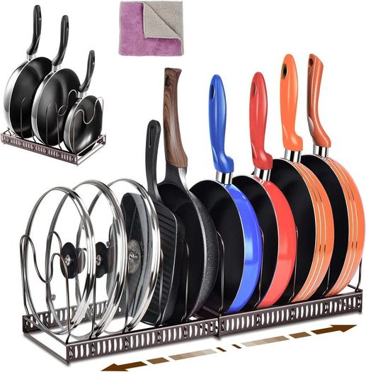 Pan Organiser Rack, Pot Lid Organizers with 7 Dividers, Expandable Pots and Pans Holder, Bakeware Rack, Kitchen Cupboard Organiser for Pantry Cabinet, Black