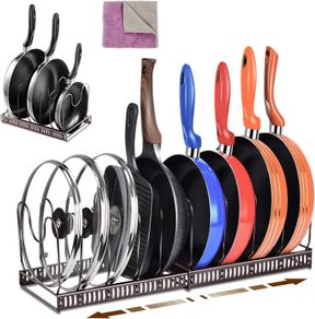 Pan Organiser Rack, Pot Lid Organizers with 7 Dividers, Expandable Pots and Pans Holder, Bakeware Rack, Kitchen Cupboard Organiser for Pantry Cabinet, Black