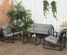Garden Furniture Set, 1 Glass Table, 2 Armchairs, 1 Sofa, Weather-Resistant, 114cm x 70cm x 67cm, Gray + Black
