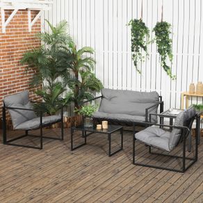 Garden Furniture Set, 1 Glass Table, 2 Armchairs, 1 Sofa, Weather-Resistant, 114cm x 70cm x 67cm, Gray + Black