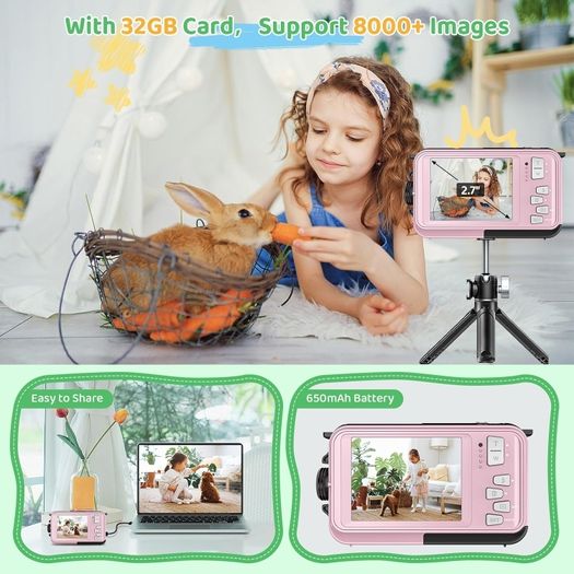 YISENCE YS812 Underwater Camera, Waterproof, 10FT, 1080P Full HD, 30MP, 16X Digital Zoom, 32GB Memory Card, Anti-Shake, Pink