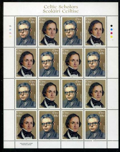 2006 Ireland Celtic Scholars (Johann Zeuss (Founder of Celtic Philology) & Mairtin O'Cadhain (Gaelic novelist)) Commemorative Stamp Sheetlet Plate 1A1A1A1A Mint Never Hinged (MNH)