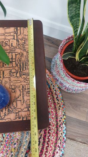 Stunning and Unique/Rare Mid Century Modern Wooden Coffee Table with Smoked Glass and Acid-Etched Copper Inlay and Slatted Magazine Shelf