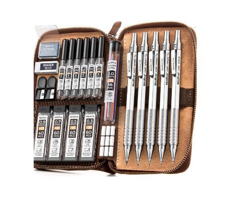 26PCS Metal Mechanical Pencil Set in Leather Case, Art Drafting Pencil 0.3, 0.5, 0.7, 0.9 mm