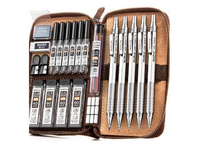 26PCS Metal Mechanical Pencil Set in Leather Case, Art Drafting Pencil 0.3, 0.5, 0.7, 0.9 mm