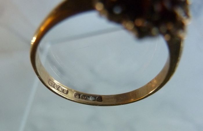 9ct Gold Garnet Cluster Flowerhead Ring, Rope Twist, Birmingham 1977, Size O, 1.96g