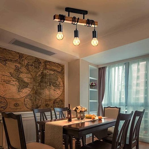Industrial Wood Pendant Light with 3 Heads Adjustable Pendent Chandelier Light Vintage Semi Flush Ceiling Light Living Room E27 Bulb Drop Light Kitchen Dining Room Black Hanging Light (FREE POSTAGE)