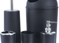 main image for ad Set 6 Piece Accessory Bin Soap Dish Dispenser Tumbler Toothbrush Holder (black)