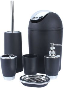Set 6 Piece Accessory Bin Soap Dish Dispenser Tumbler Toothbrush Holder (black)