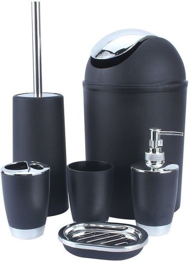 Set 6 Piece Accessory Bin Soap Dish Dispenser Tumbler Toothbrush Holder (black)