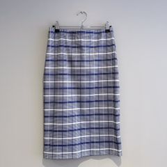 Pre Owned Blue & White Plaid Pencil Skirt High-Waisted Midi