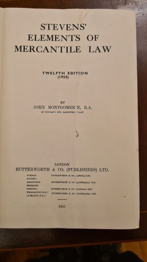Steven's Mercantile Law. Bt John Montgomery. Twelfth Edition. Hardback In Good Condition. 1955. 33.
