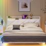 Floating King Metal Bed Frame with LED Lights USB Charging Station 150x200cmMetal Platform Bed Frame with 5ft Upholstered Headboard Storage Heavy Duty Metal Slats, Noise Free White Image 2