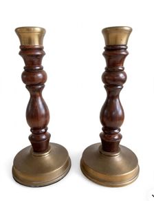 vintage wood turned and brass candlestick holders