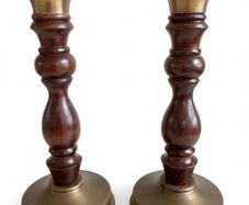 vintage wood turned and brass candlestick holders