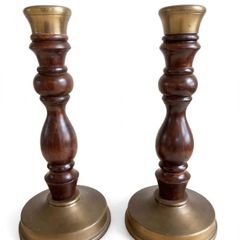 vintage wood turned and brass candlestick holders