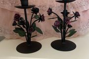 Candlesticks - Pair Black Metal Roses