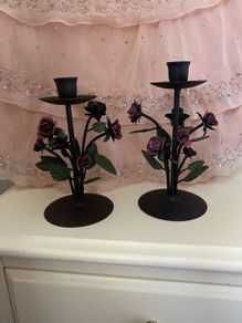 Candlesticks - Pair Black Metal Roses