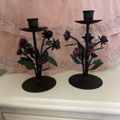 Candlesticks - Pair Black Metal Roses