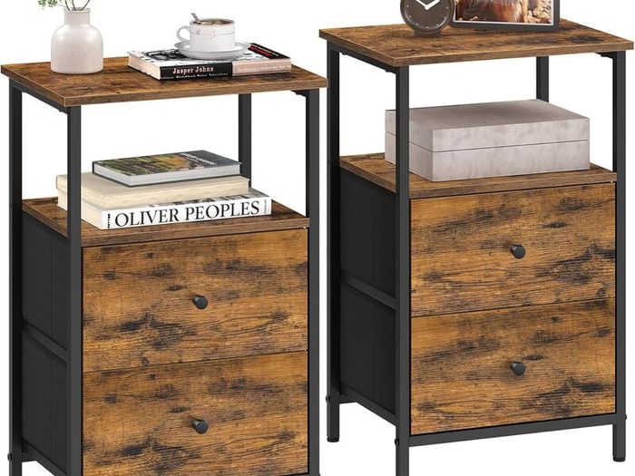 Set of 2 Industrial Bedside Tables with Drawers and Open Storage