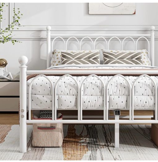 Double Bed Frame with Headboard and Footboard,Metal Platform Bed Frame Double Bed With Storage No Box Spring Needed,Strong Steel Slat Support/Mattress Base/White