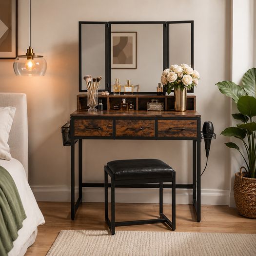Industrial Dressing Table with Folding Mirror and Stool Vintage Brown Black