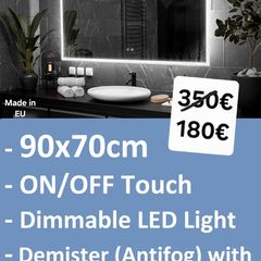 LED Bathroom Mirror Antifog Fog Free Dimmable Touch Switch Made in EU 90x70cm Vanity Makeup Cosmetic Ensuite Bright Light
