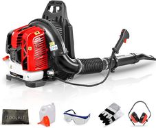 BU-KO 76CC Petrol Backpack Leaf Blower - Powerful 2 Stroke Air Cooled Engine - Lightweight With New and Improved Padded Support Straps While Using - Safety Gear