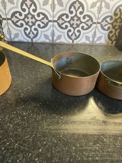 Set of Six Antique Copper brass Graduated Sauce Pans