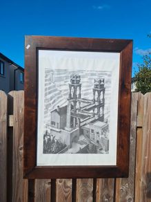 Large Framed M.C. Escher "Waterfall" Vintage Print  Custom Artisan Wood Frame (63.5cm x 83.4cm)